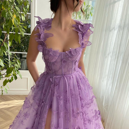 Romantic Lilac Lace A-Line Gown Butterfly Appliqués Ruffled Straps