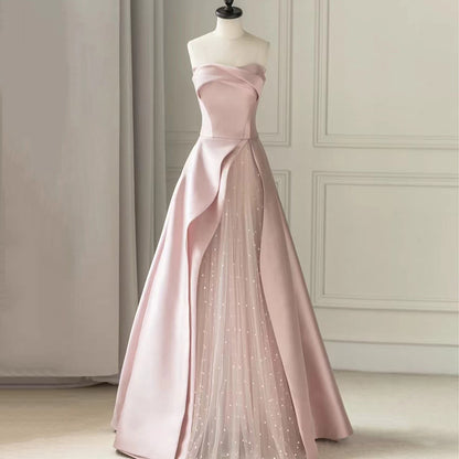 Pink Tube Top Sleeveless Satin Mesh Floor-to-ceiling Prom Dress E7221