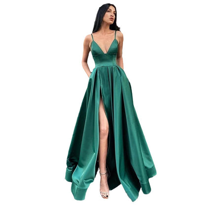 Satin Evening Dress New Style Suspender Deep V Slit Pocket Floor Party Dress Photography Beach Wedding Bridesmaid Dress