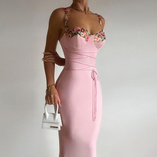 Tubeless Pink Dress New Style Belted Hip-covering Long Skirt