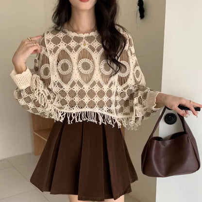 Hot Girl Retro Fashionable Contrasting Tassel Sweater Women's Autumn and Winter New Short Top