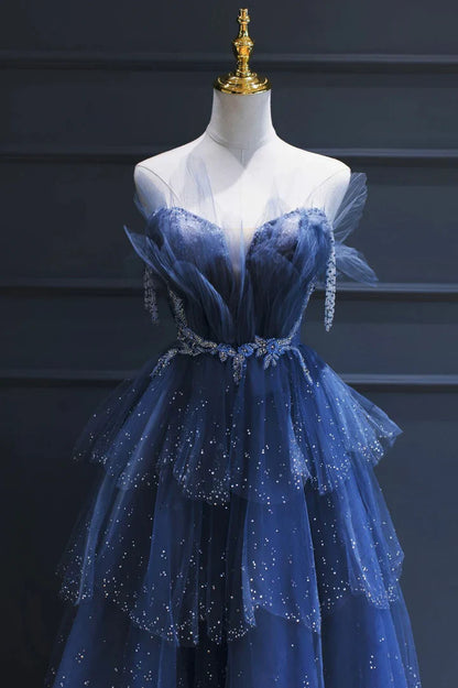 Blue Tulle Beaded Long A-line Prom Dress E2302