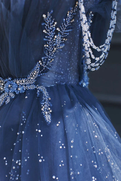 Blue Tulle Beaded Long A-line Prom Dress E2302