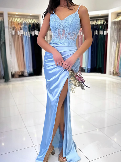 Blue Lace Embroidered Hot Drill High Split Floor Skirt Luxury Gown