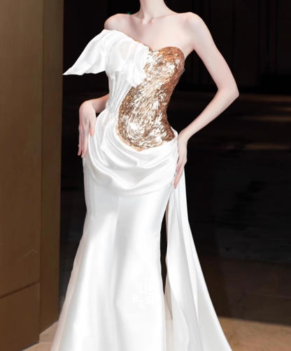 Light Gold White Mermaid Sequins Embroidery Buttocks Sleeveless Mopping Skirt Wedding Dress