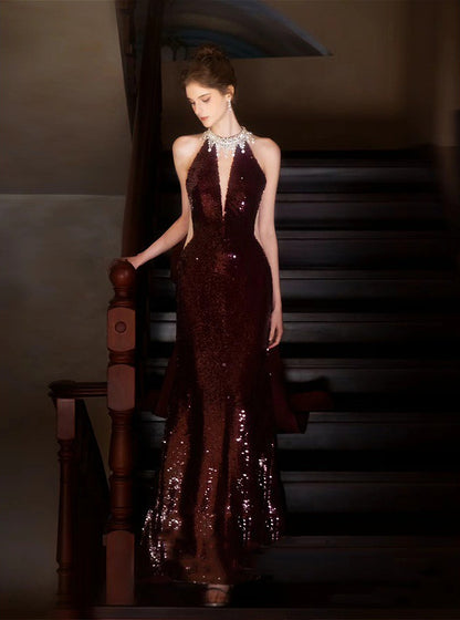 Burgundy V-Neck Neck Sequins Backless Mermaid Gown Graduation Prom Dress