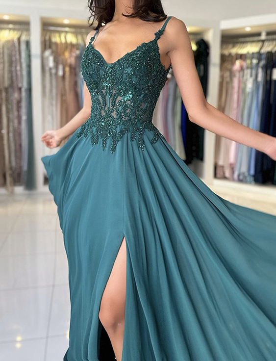 Dark Green Graduation Prom Dress Satin Slit Floor Length Skirt Formal Dress