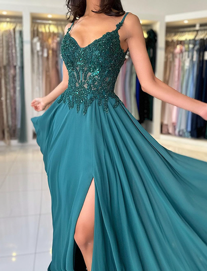 Dark Green Graduation Prom Dress Satin Slit Floor Length Skirt Formal Dress