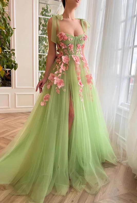 Fresh Flower Green Tube Top Suspender High Split Mesh Skirt Graduation Prom Dress