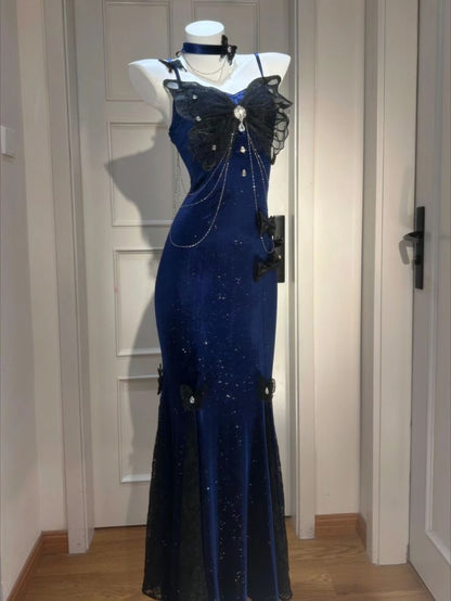 Dark Blue Sleeveless Butterfly Embroidery Velvet Prom Dress