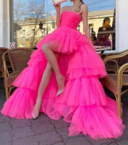 Pink Mesh Prom Dress Satin Slit Floor Length Dress