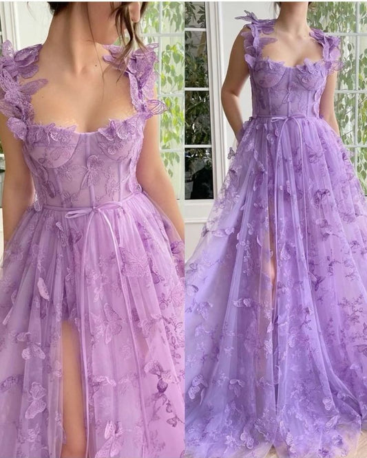 A-Line Princess Sleeveless Floral Appliqué Spaghetti Straps Floor-Length Butterfly Tulle Prom Dresses