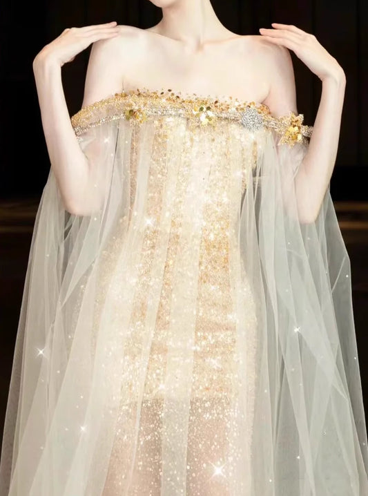 Light Gold Mermaid Sequins Embroidery Long Sleeve Wedding Dress