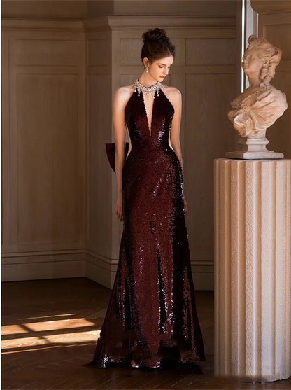 Burgundy V-Neck Neck Sequins Backless Mermaid Gown Graduation Prom Dress