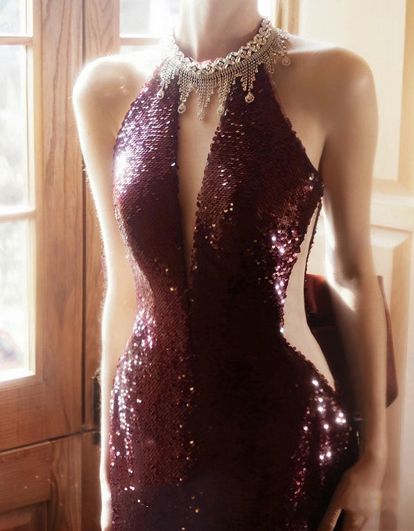 Burgundy V-Neck Neck Sequins Backless Mermaid Gown Graduation Prom Dress