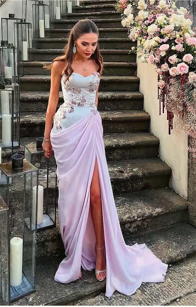 Pink Sleeveless Tube Top Satin Floral Appliqué Long Dress Luxury Gown