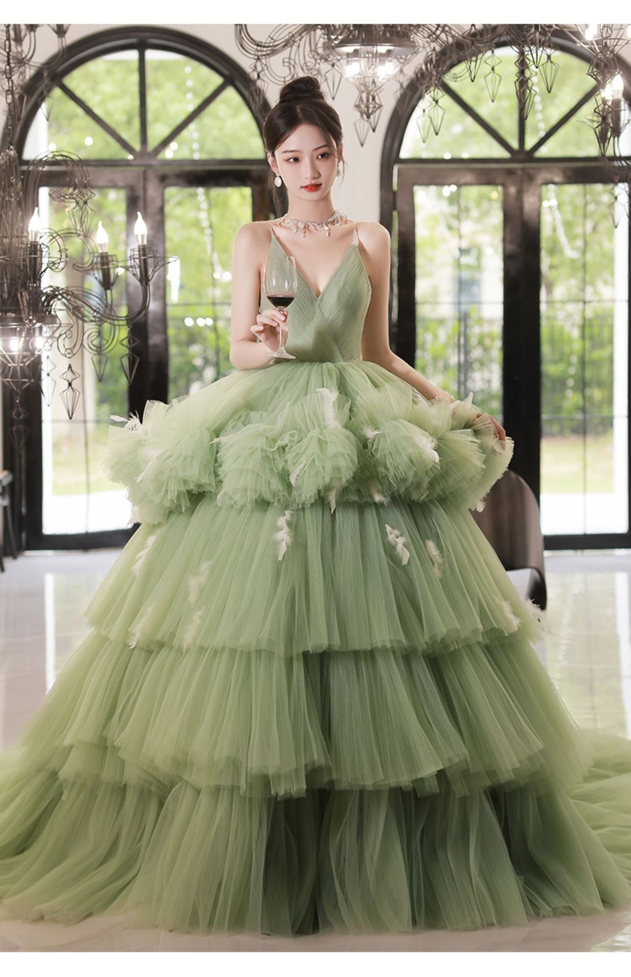 New Light Luxury Light Cyan Feather One-shoulder Cake Tutu Skirt Wedding Banquet Photography Travel Photography Dress