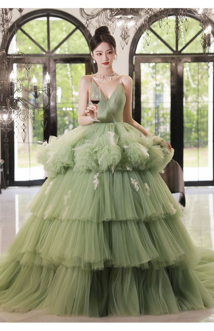 New Light Luxury Light Cyan Feather One-shoulder Cake Tutu Skirt Wedding Banquet Photography Travel Photography Dress