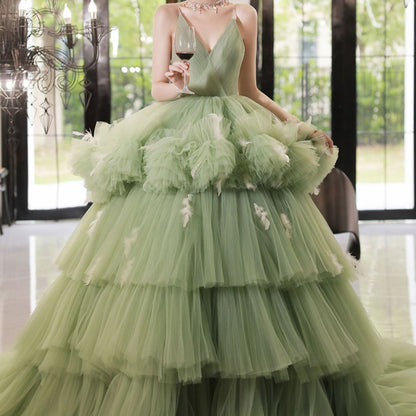 New Light Luxury Light Cyan Feather One-shoulder Cake Tutu Skirt Wedding Banquet Photography Travel Photography Dress